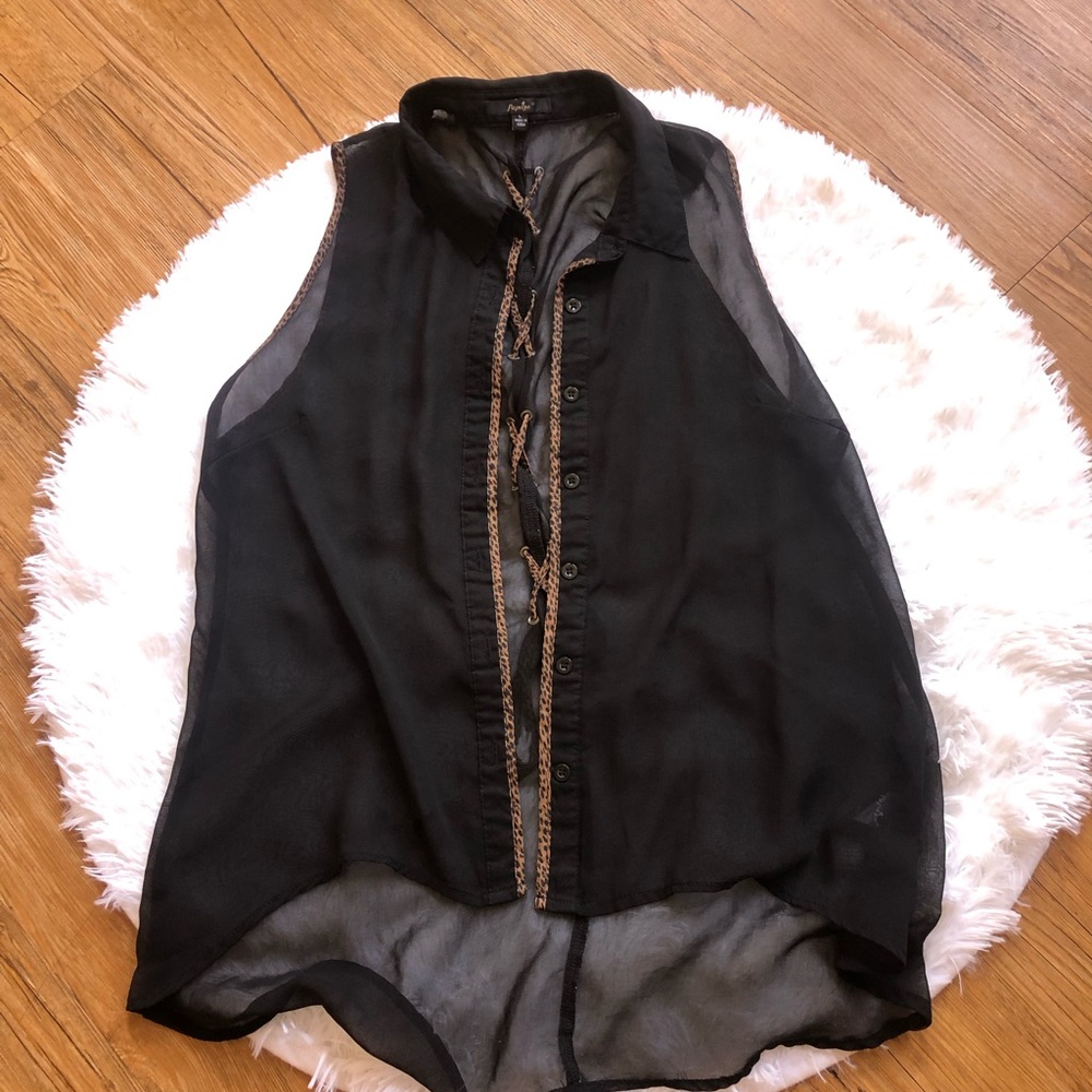 Papaya Black and Leopard Sheer Sleeveless Button-Up Blouse with Braided Trim